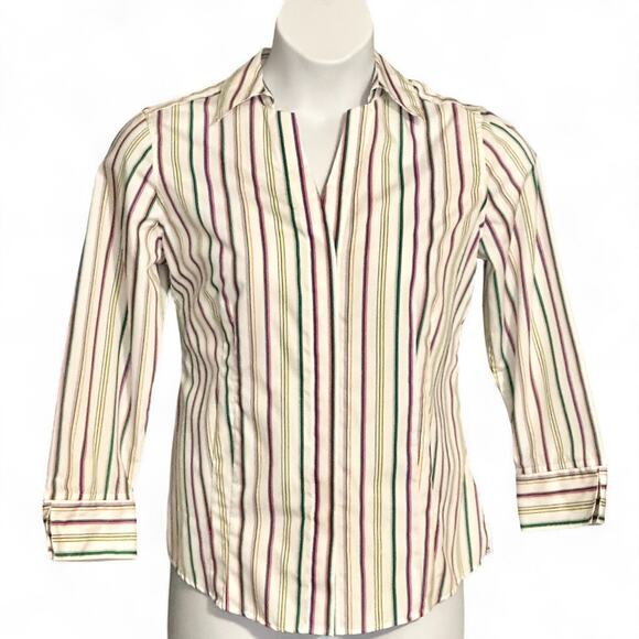 Taylor Gold Label Button Up Shirt Size 10 V Neck Top Colorful Striped 3/4 Sleeve - Picture 2 of 13